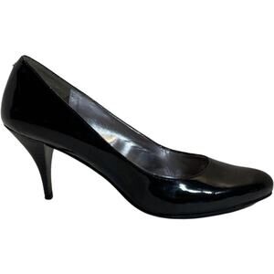 DKNYC Black Patent Pointed Toe Pump Slim Stacked Heel Pumps Stacy size 8 Office